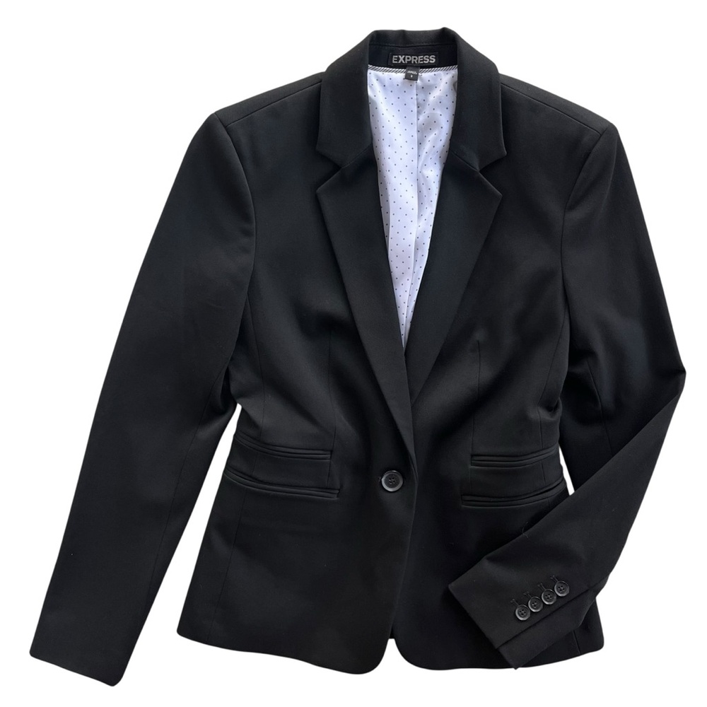 Express Womens 2 Black One Button Polka Dot Lining 2 Pockets Blazer Jacket 90233